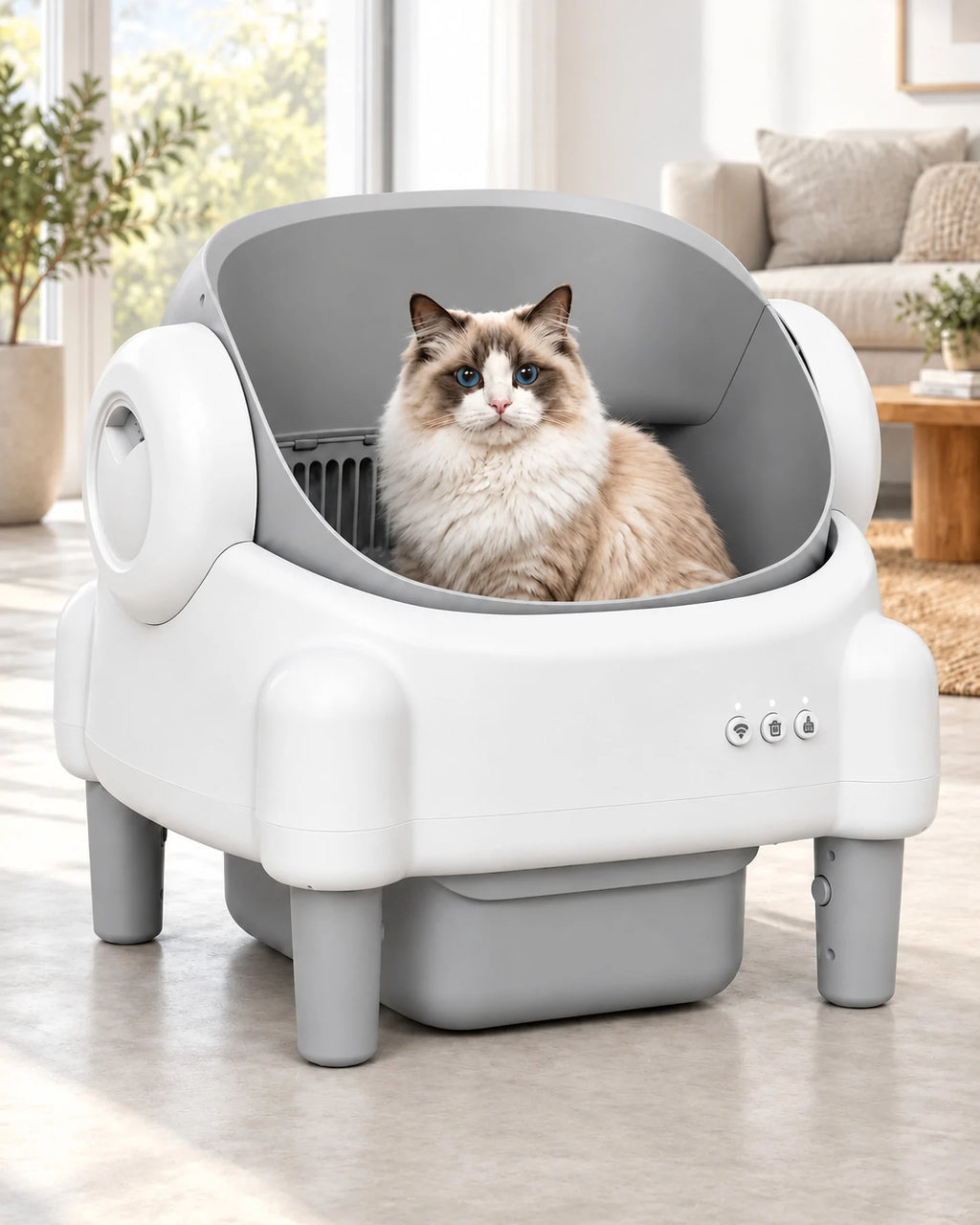 Chat à poil long dans la litière automatique ouverte 76 L blanche et grise, image générée