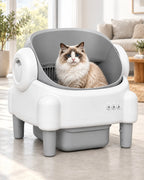 Chat à poil long dans la litière automatique ouverte 76 L blanche et grise, image générée