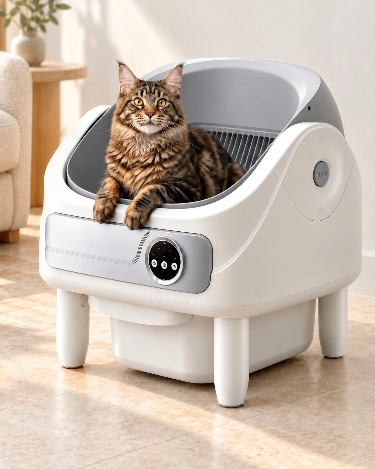 Chat tigré couché dans la litière autonettoyante ouverte blanche et grise, image générée
