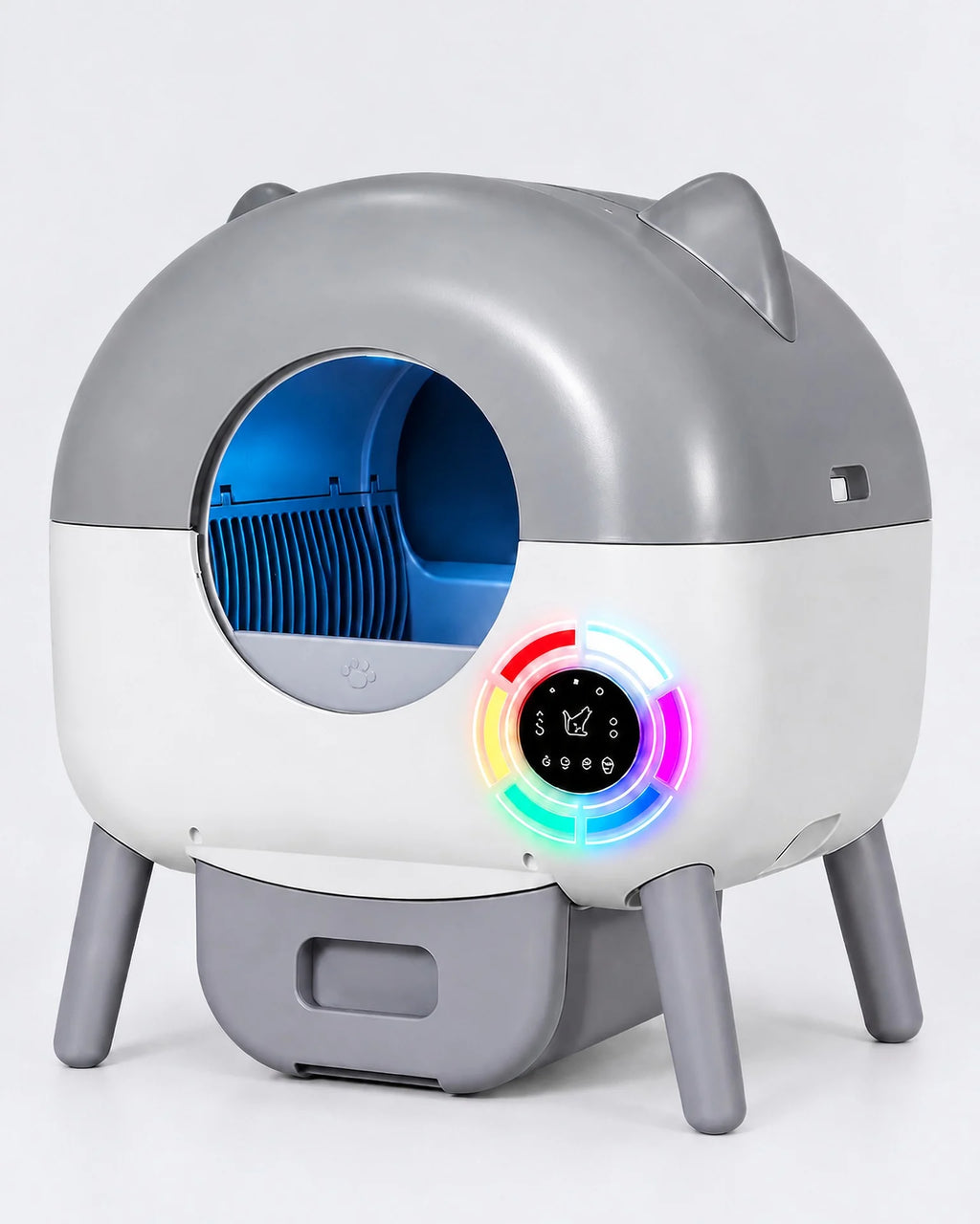 Litière automatique 66 L gris clair et blanc à oreilles de chat, anneau lumineux, sur pieds, visuel
