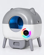 Litière automatique 66 L gris clair et blanc à oreilles de chat, anneau lumineux, sur pieds, visuel