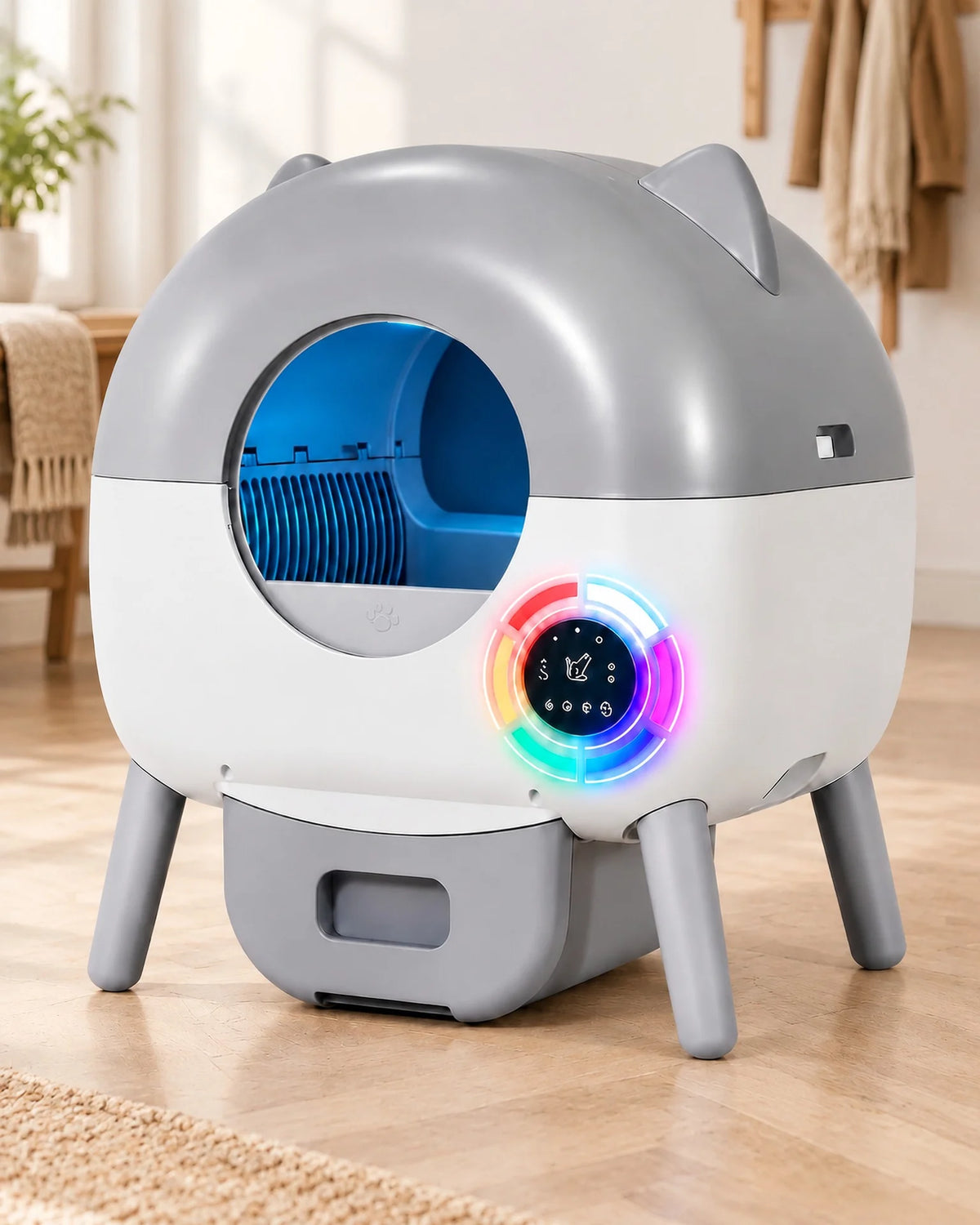 Litière automatique 66 L à oreilles gris clair et blanc posée dans une entrée lumineuse, image générée