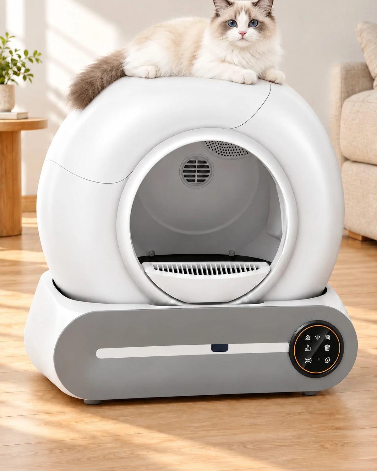 Litière automatique blanche fermée avec écran, chat, image générée
