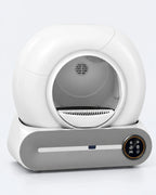 Litière automatique fermée 65 L, dôme blanc sur socle gris avec écran rond, visuel