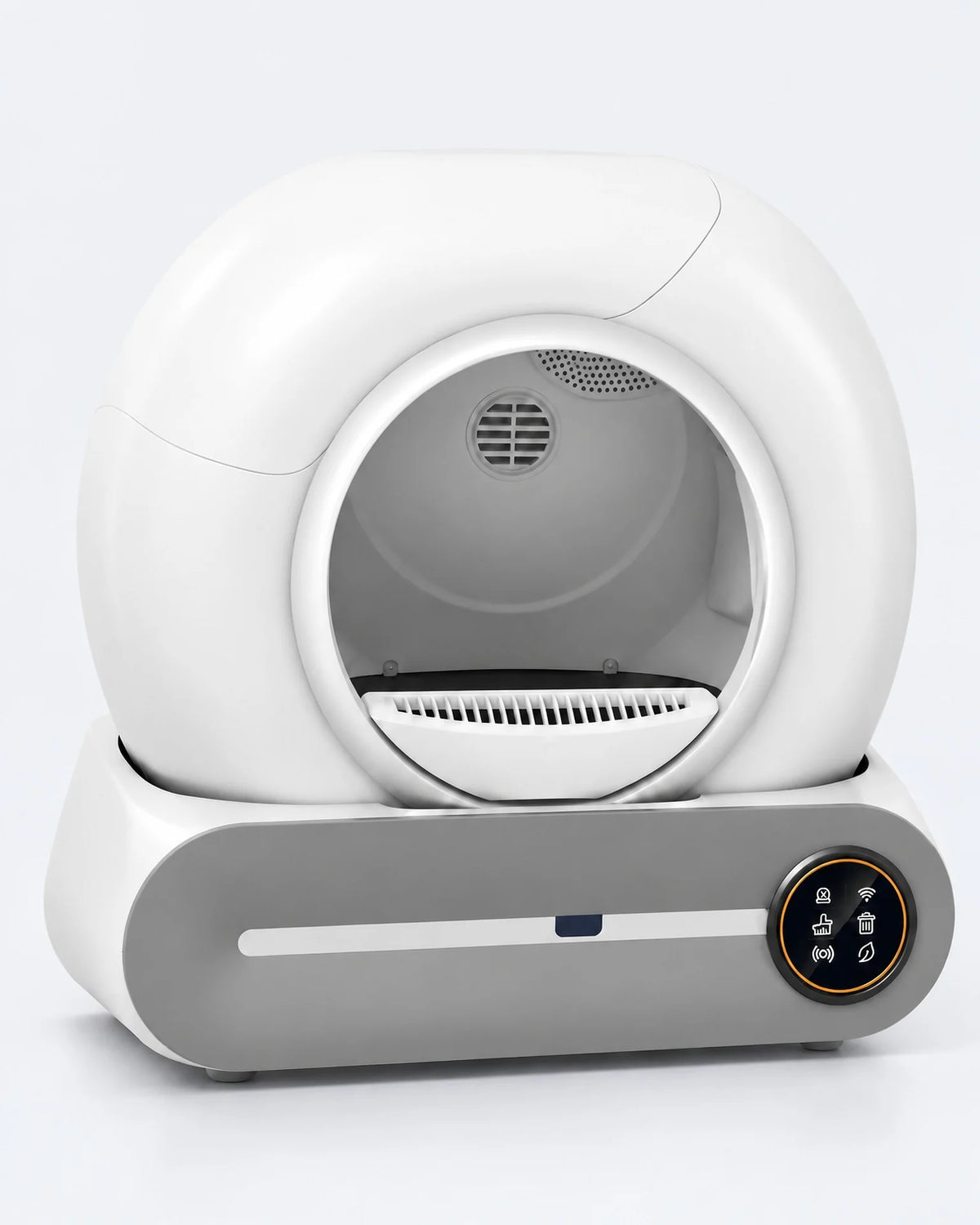 Litière automatique fermée 65 L, dôme blanc sur socle gris avec écran rond, visuel