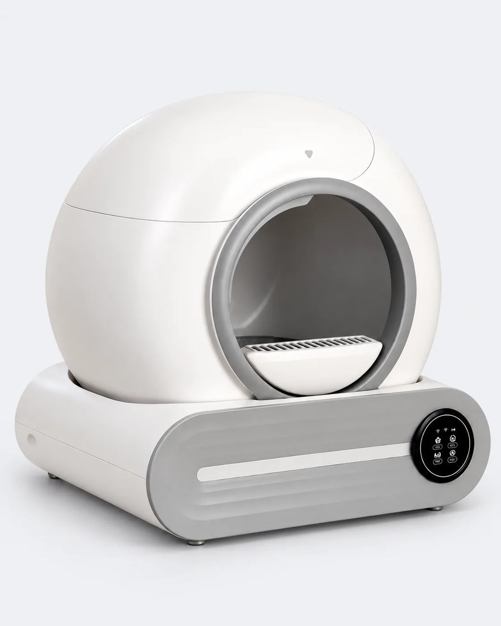 Litière automatique fermée 65 L à écran, dôme blanc cassé sur socle gris, visuel