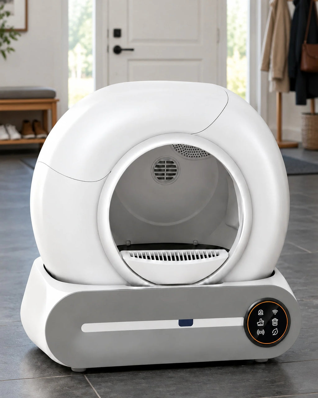 Litière automatique fermée 65 L blanche avec écran posée dans une entrée, image générée