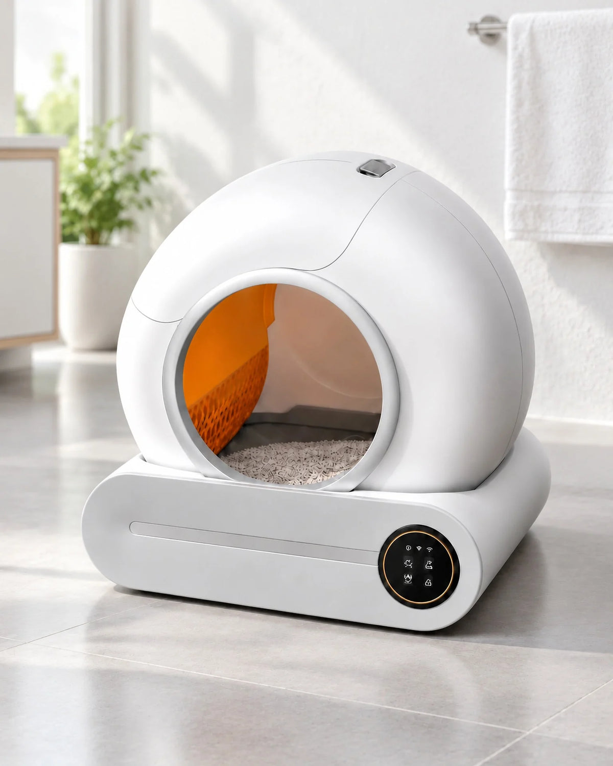 Litière automatique fermée 65 L blanche et grise posée dans une salle de bain claire, image générée