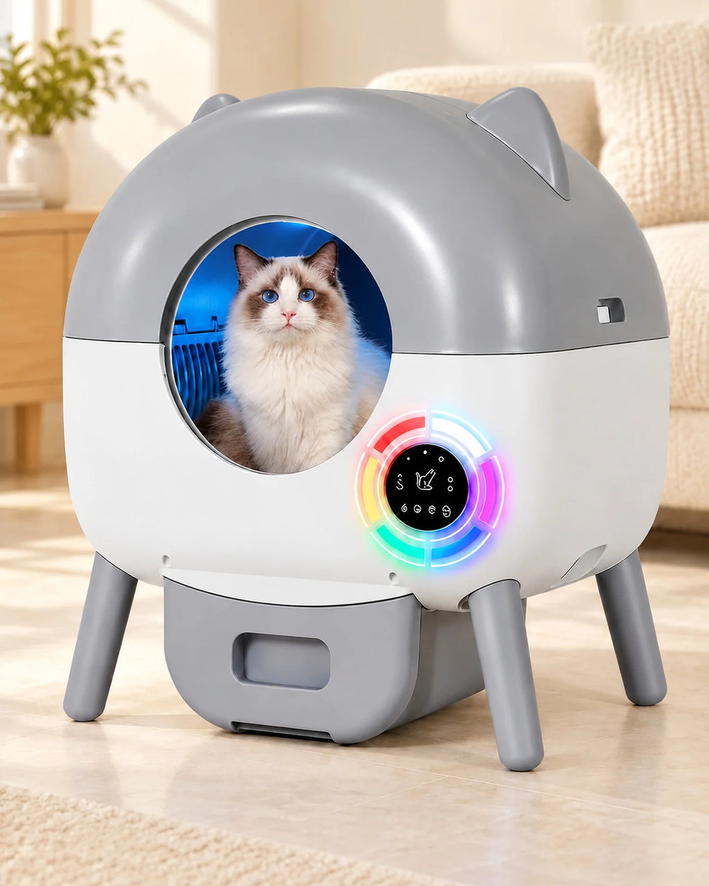 Litière automatique gris clair et blanc à oreilles, chat, image générée