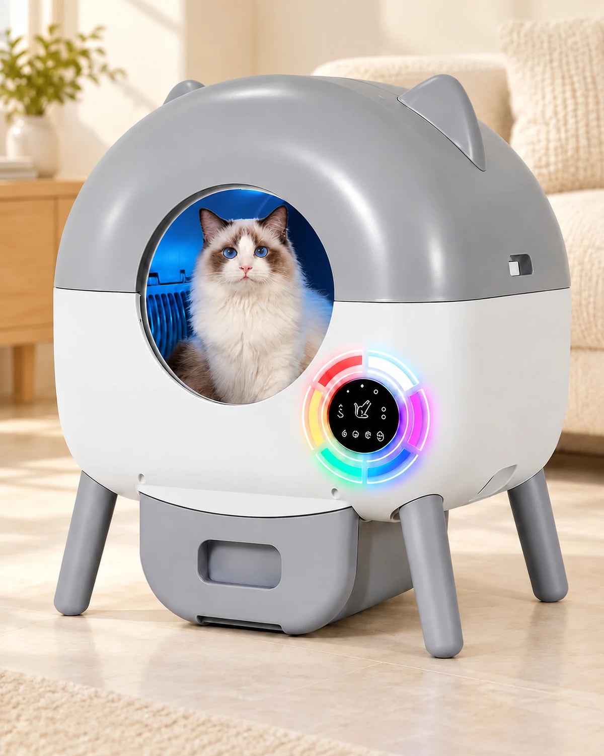 Litière automatique gris clair et blanc à oreilles, chat, image générée