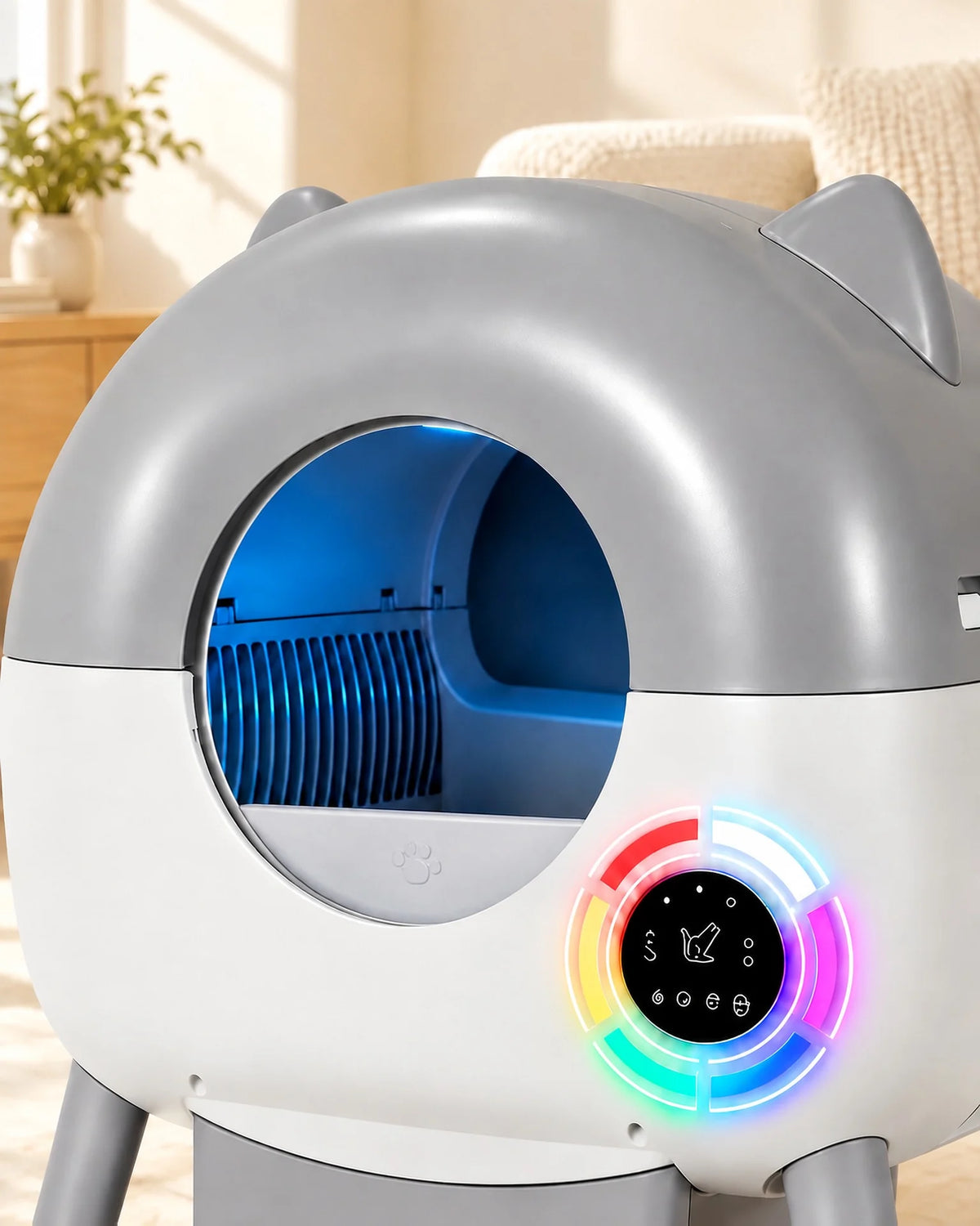 Litière automatique 66 L à oreilles, gros plan de l'entrée et de l'écran à anneau lumineux, image générée