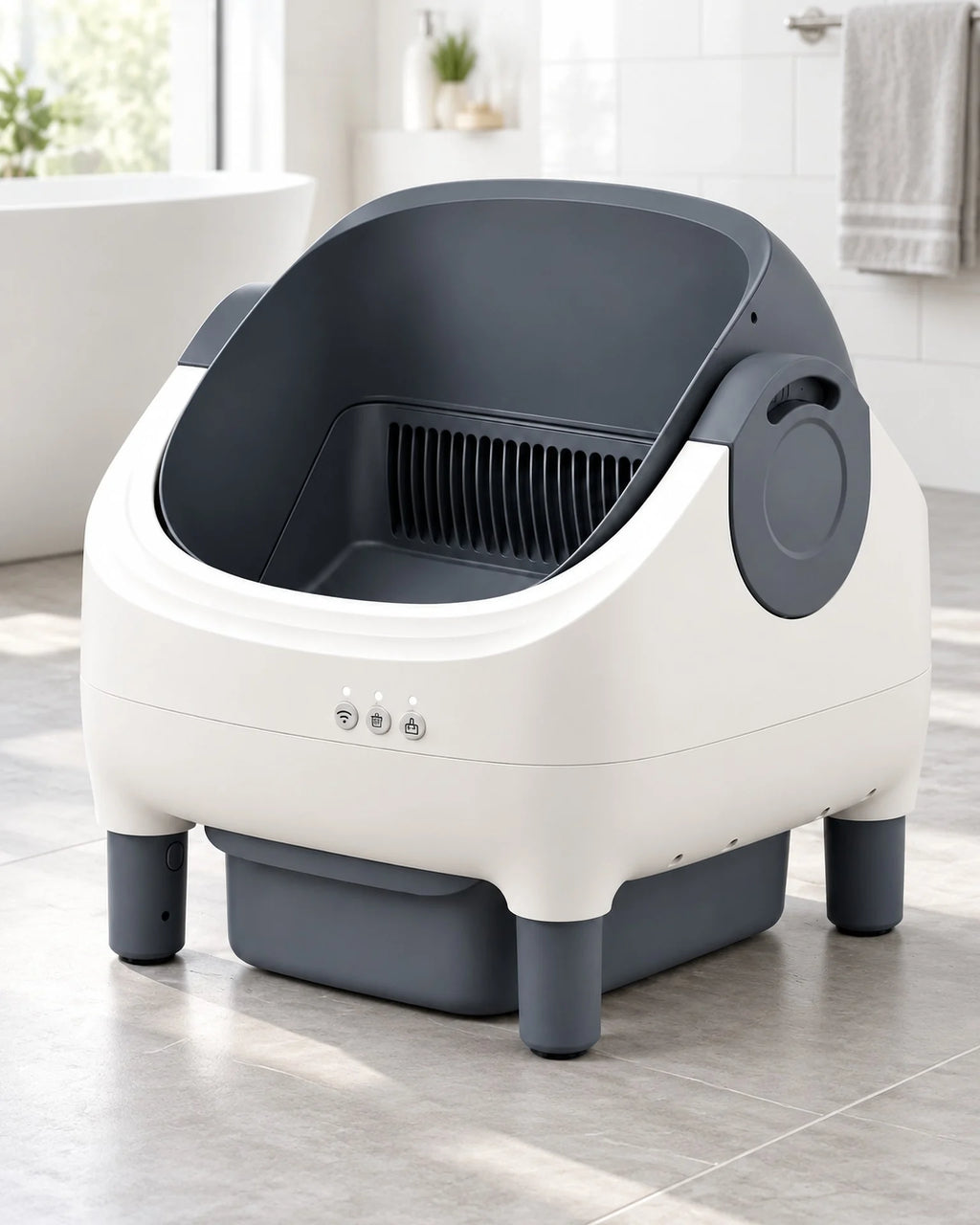 Litière automatique ouverte 76 L blanche et gris ardoise posée dans une salle de bain claire, image générée