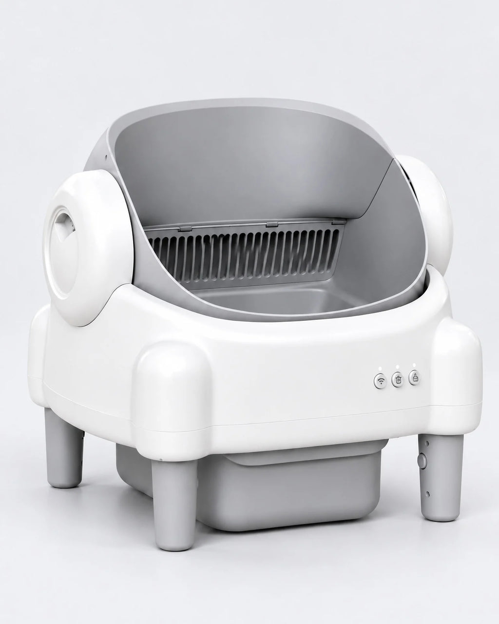 Litière automatique ouverte 76 L blanche et gris clair sur pieds, visuel
