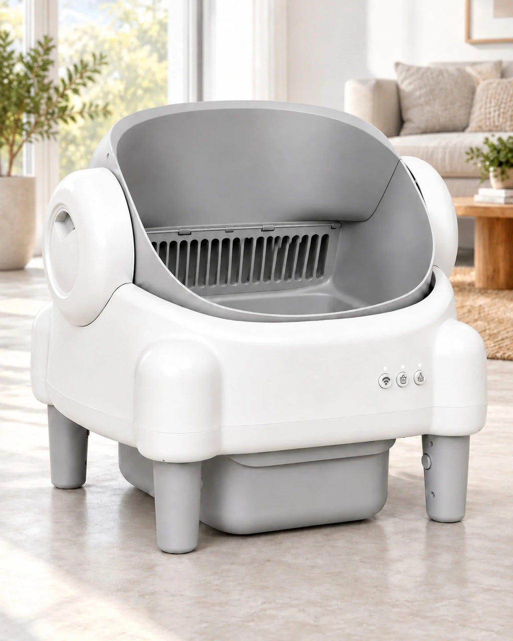 Litière automatique ouverte 76 L blanche et gris clair, trois boutons en façade, dans une pièce lumineuse, image générée