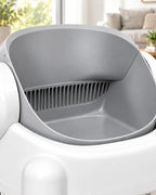 Litière automatique ouverte 76 L, détail du tambour gris et de la grille, image générée