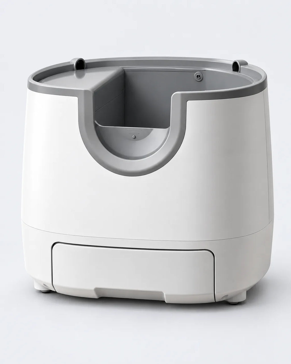 Litière automatique à toit ouvert, grand bac haut blanc et gris, visuel