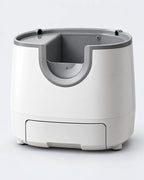 Litière automatique à toit ouvert, grand bac haut blanc et gris, visuel