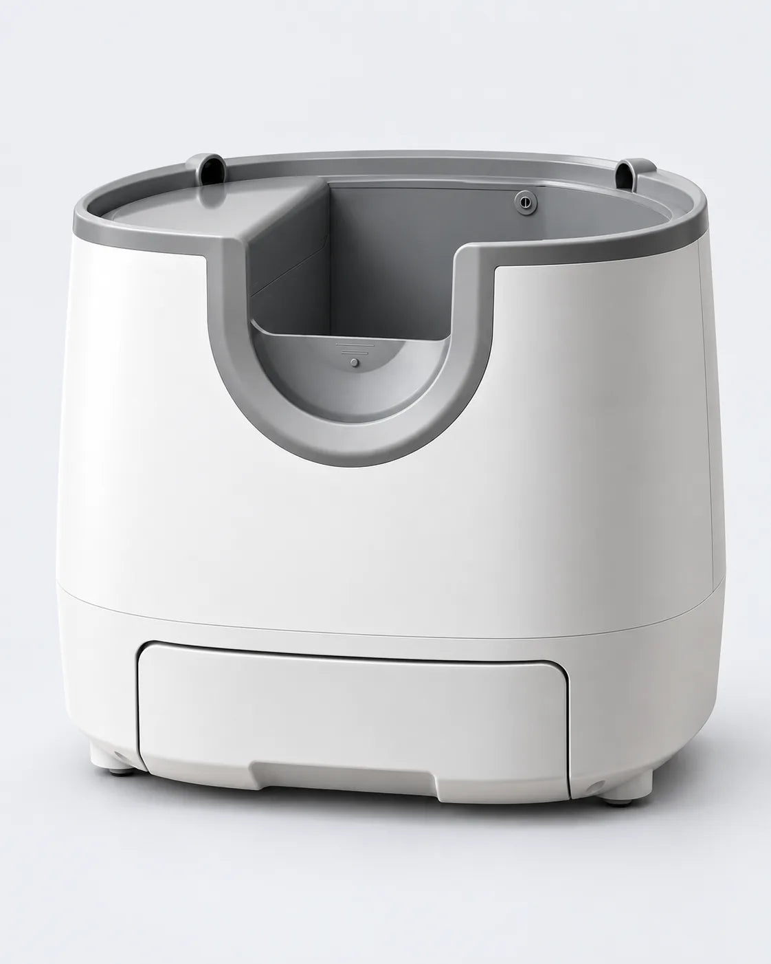 Litière automatique à toit ouvert, grand bac haut blanc et gris, visuel