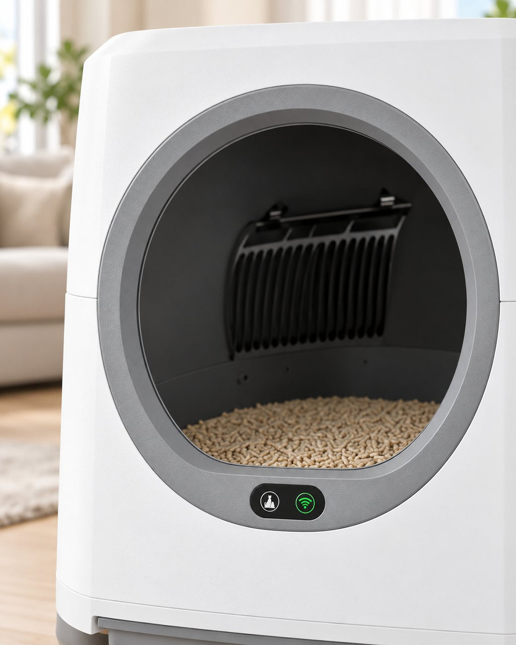 Litière automatique XXL 80 L, gros plan de l'entrée grise et des deux boutons