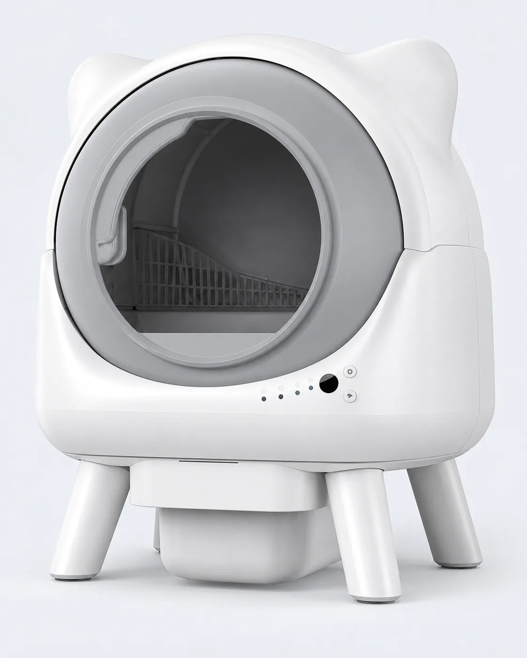 Litière automatique XXL blanche à oreilles de chat, porte ronde grise, sur pieds, visuel