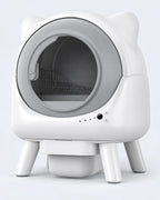Litière automatique XXL blanche à oreilles de chat, porte ronde grise, sur pieds, visuel