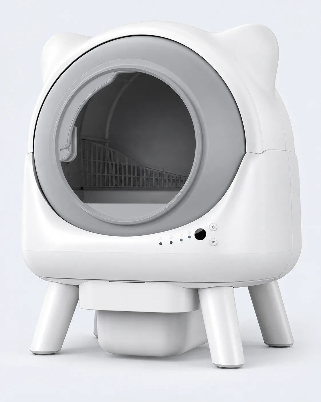 Litière automatique XXL blanche à oreilles de chat, porte ronde grise, sur pieds, visuel