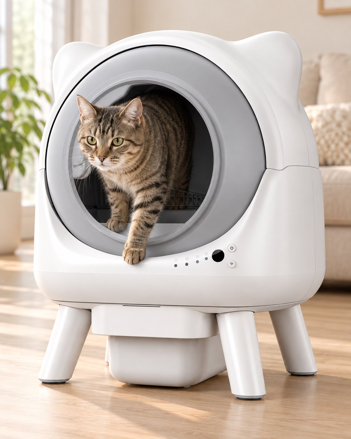 Chat tigré qui sort de la litière automatique XXL à oreilles blanche et grise, image générée
