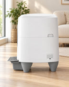 Litière automatique XXL 80 L blanche et grise vue de profil, pieds et tiroir