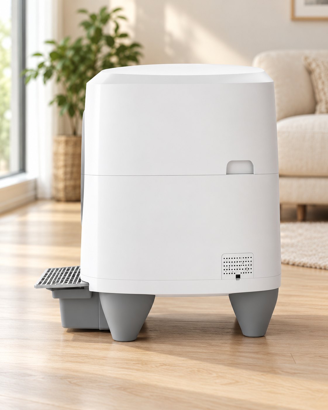 Litière automatique XXL 80 L blanche et grise vue de profil, pieds et tiroir