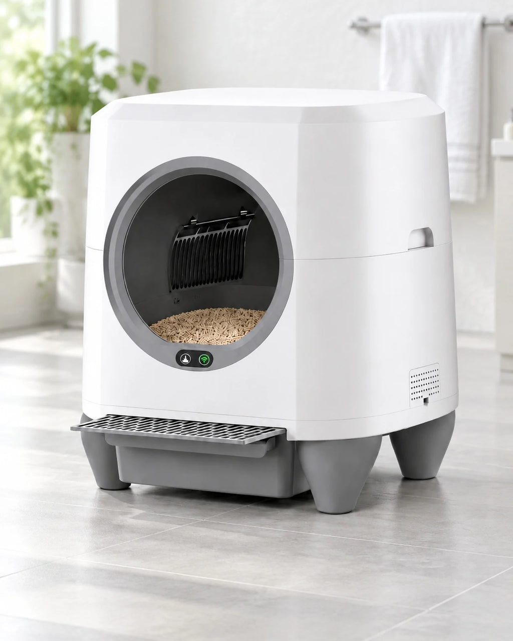 Litière automatique XXL 80 L blanche et grise posée dans une salle de bain claire, image générée
