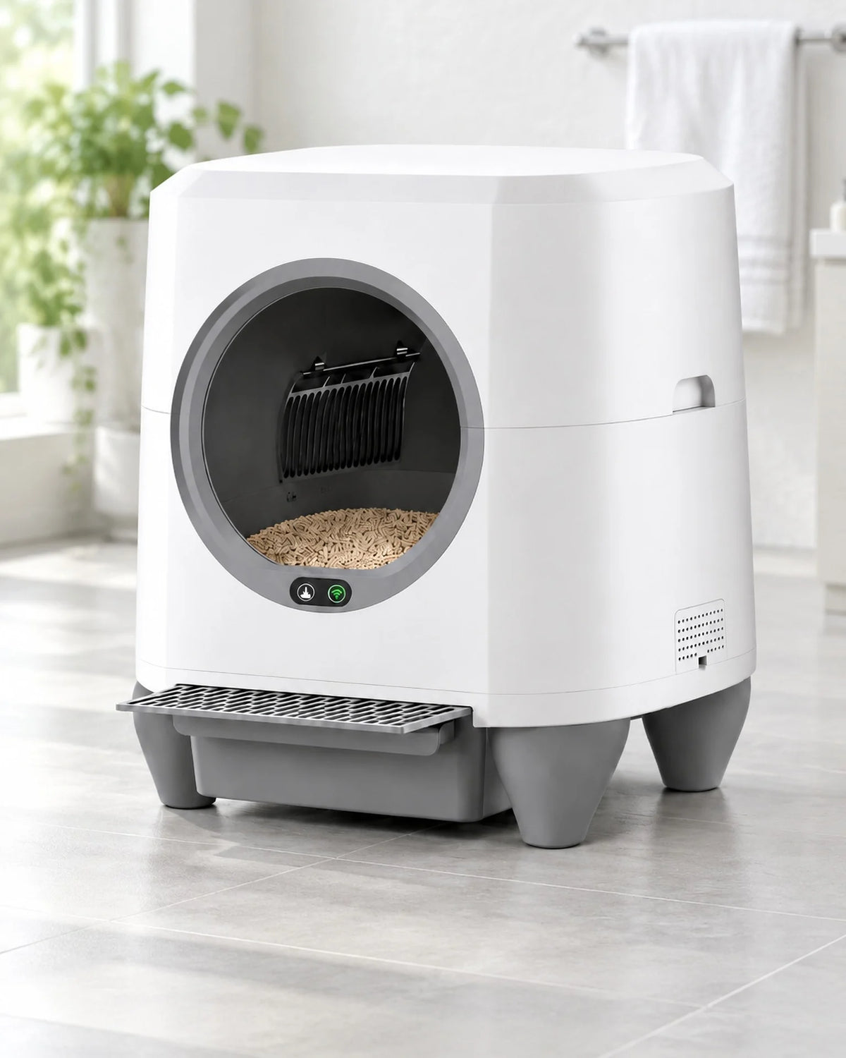 Litière automatique XXL 80 L blanche et grise posée dans une salle de bain claire, image générée