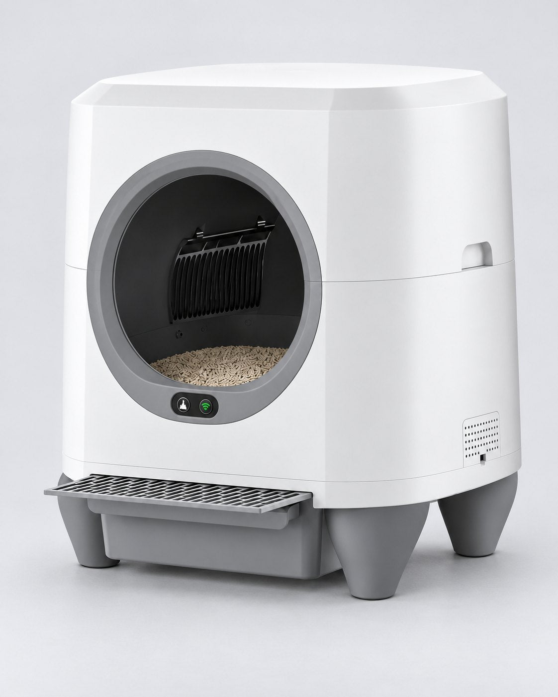 Litière automatique XXL 80 L blanche et grise sur fond clair, vue de trois quarts