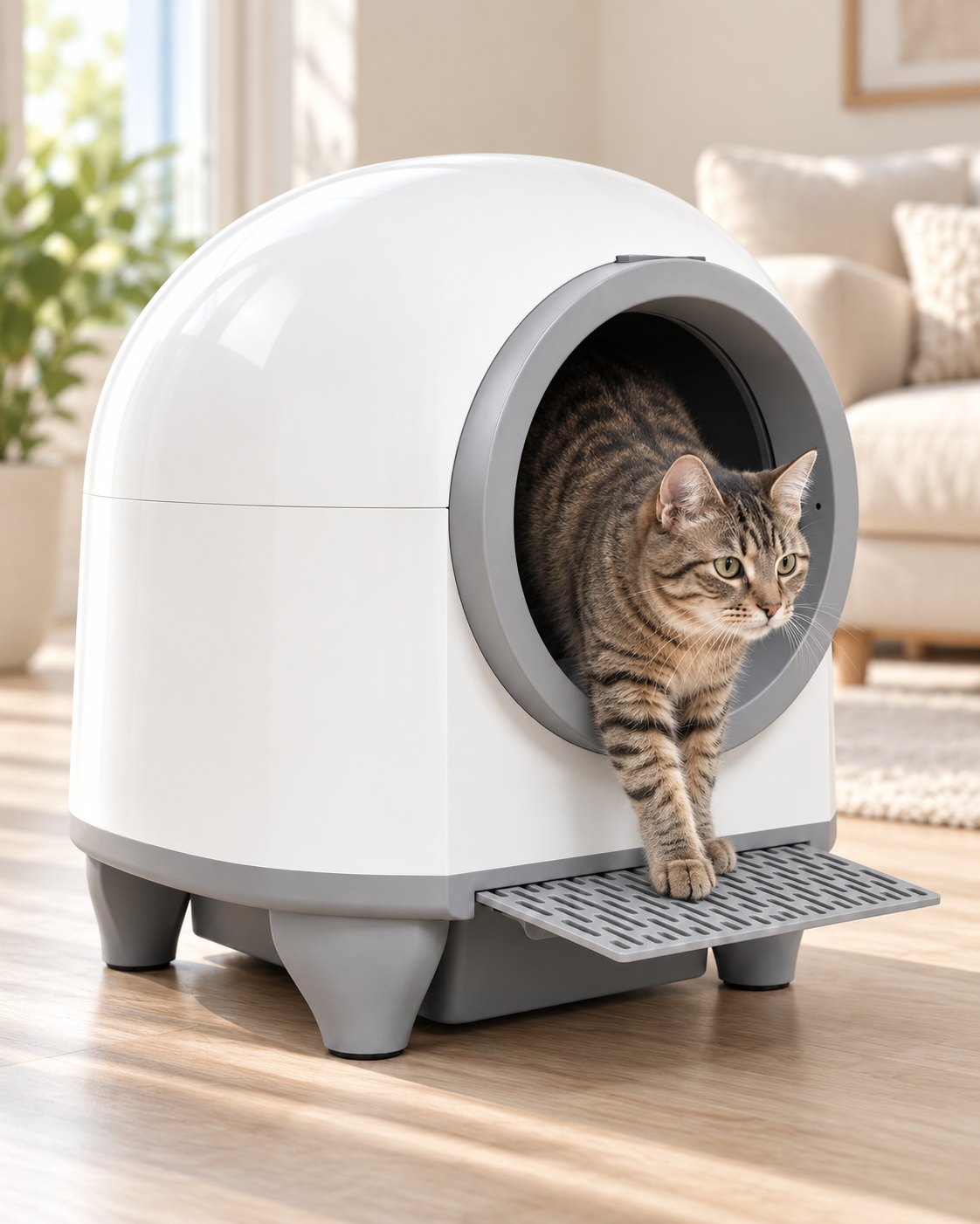 Chat tigré qui sort de la litière automatique fermée XXL 90 L blanche et grise, image générée