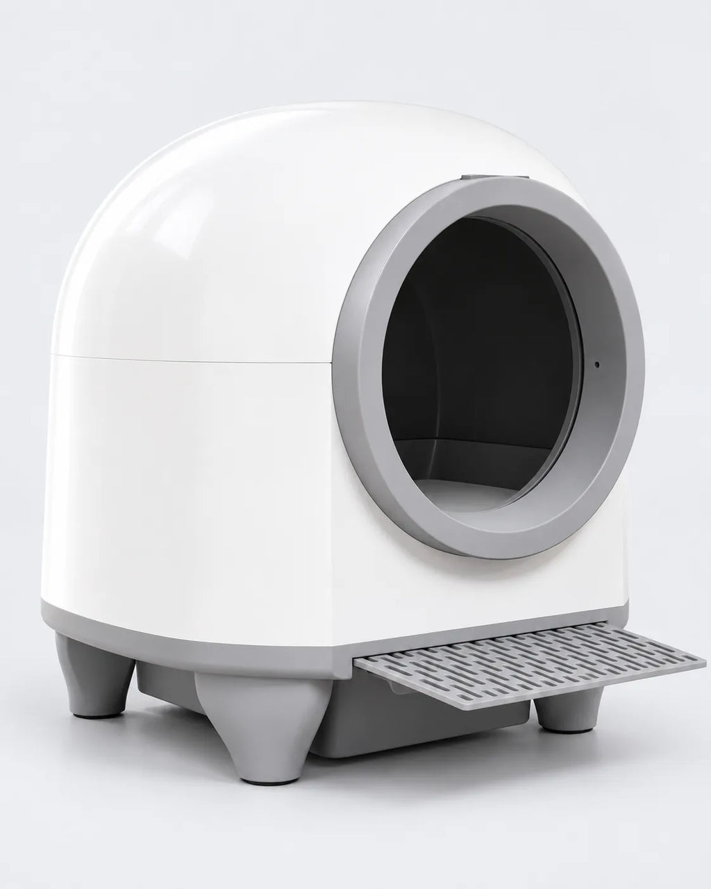 Litière automatique XXL 90 L fermée, grand dôme blanc sur pieds gris, visuel