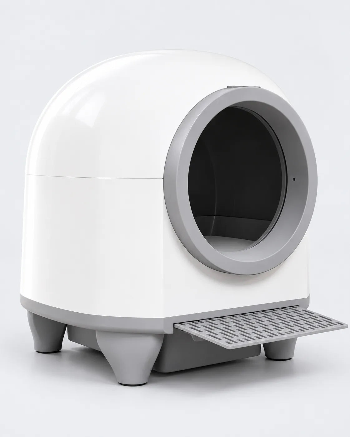 Litière automatique XXL 90 L fermée, grand dôme blanc sur pieds gris, visuel