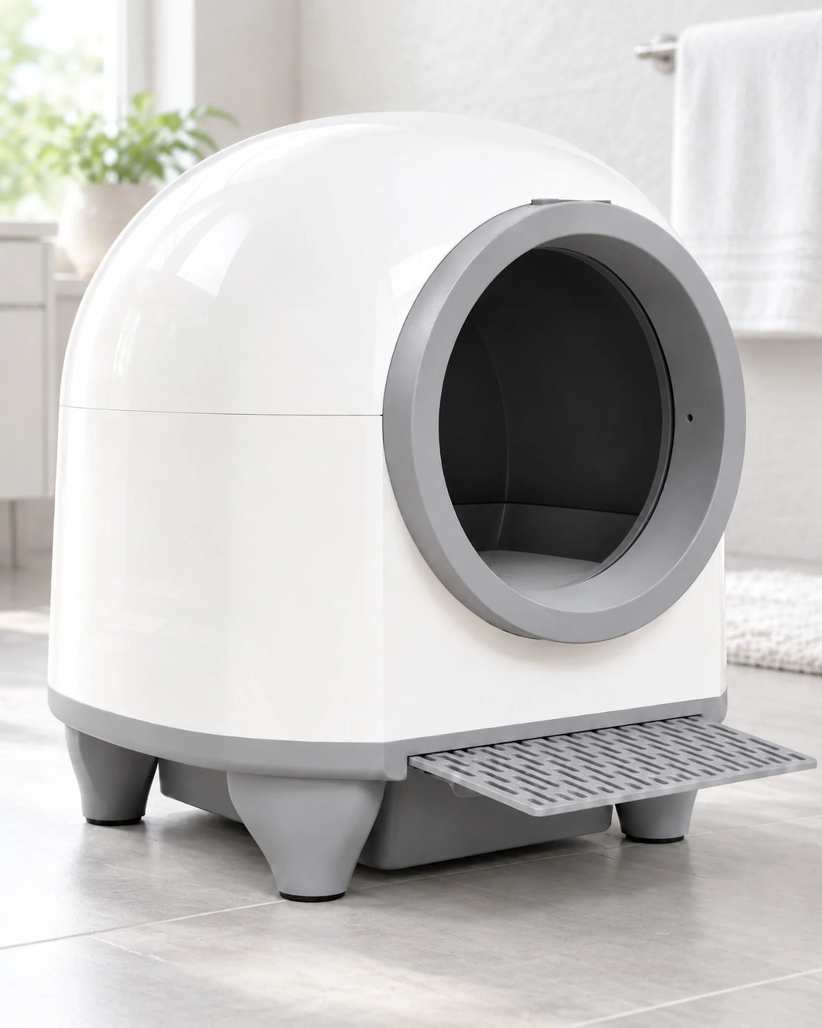 Litière automatique XXL 90 L fermée posée dans une salle de bain claire, image générée