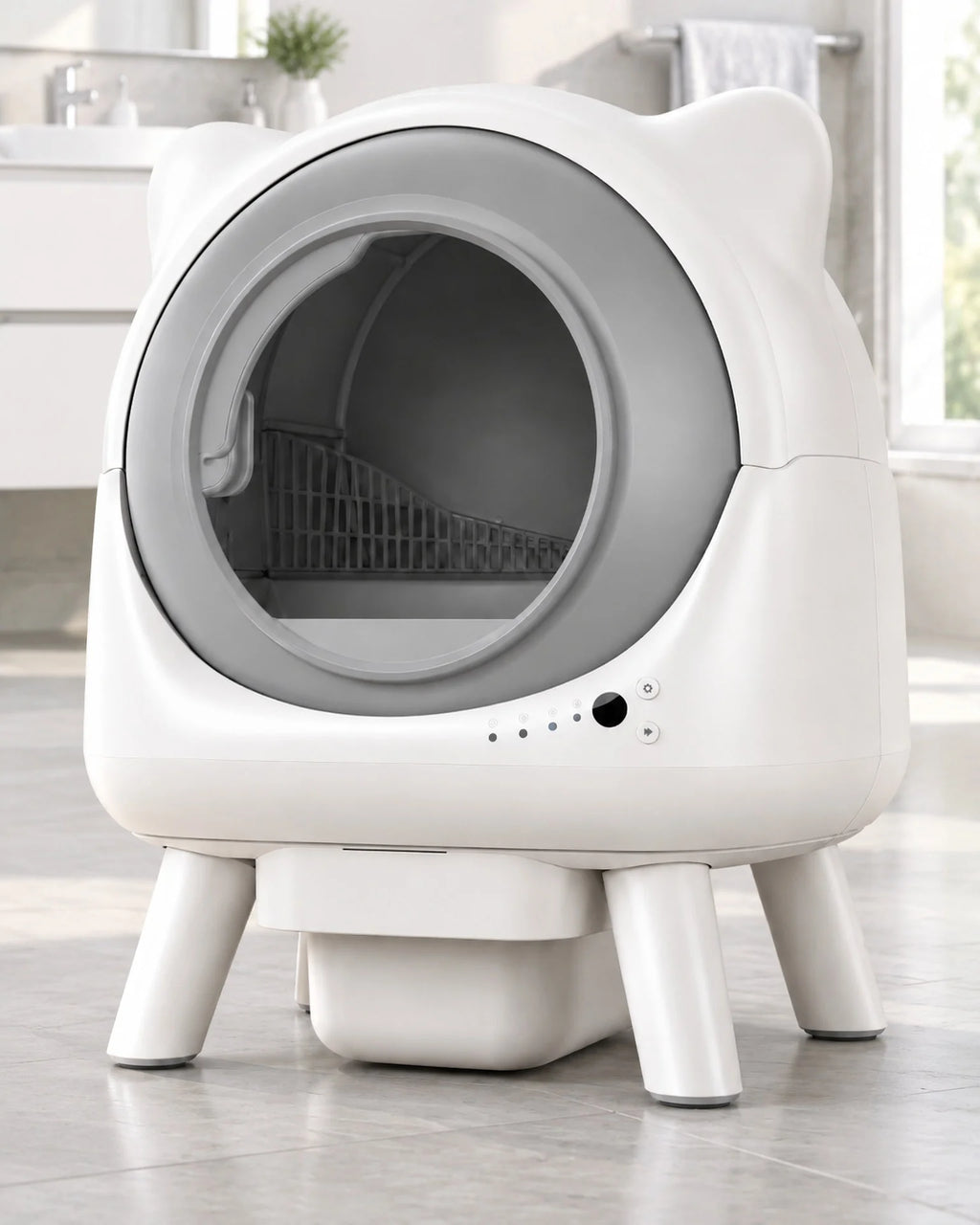 Litière automatique XXL à oreilles blanche et grise posée dans une salle de bain claire, image générée