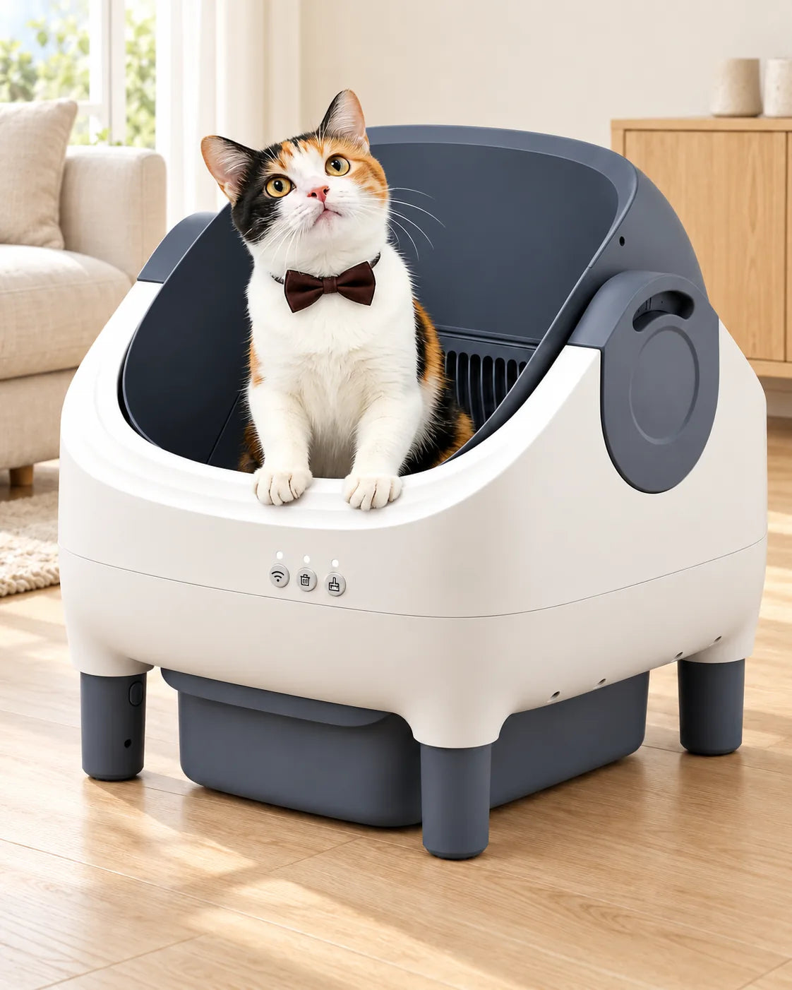 Litière automatique ouverte blanche et gris ardoise, chat, image générée
