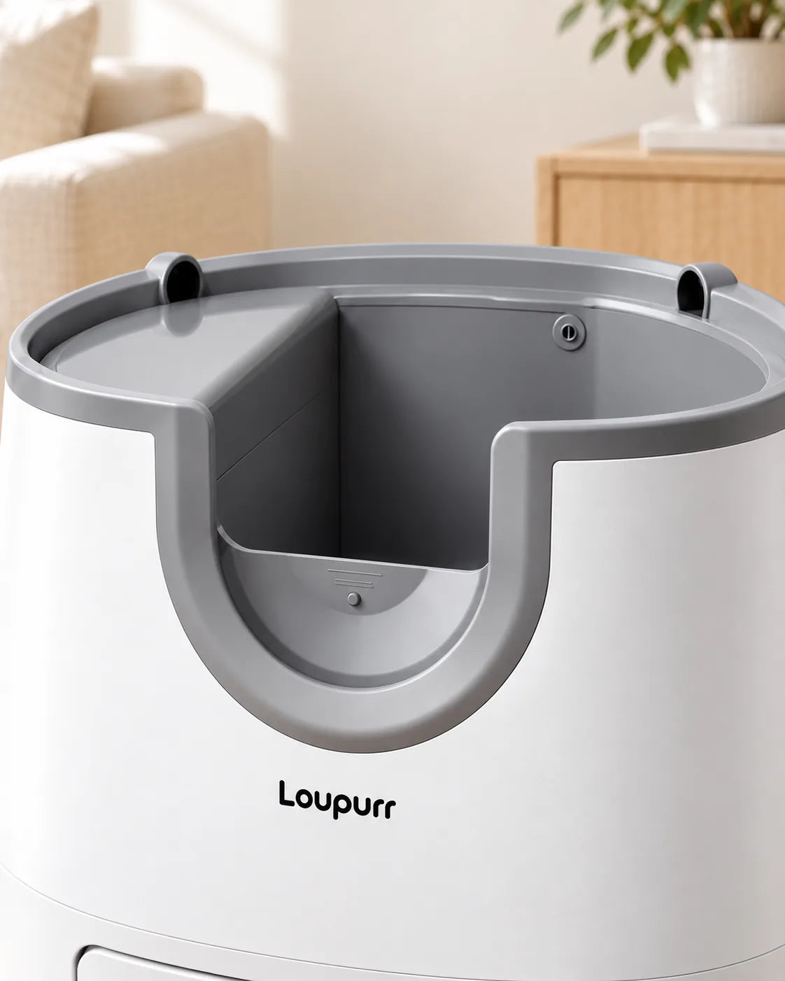 Litière automatique à toit ouvert, gros plan de l'entrée, image générée