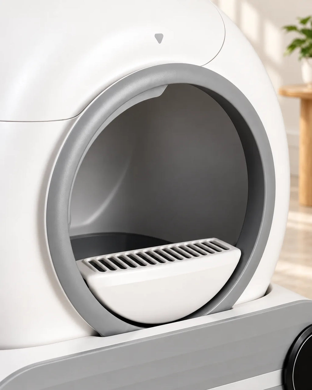 Litière automatique fermée 65 L à écran, gros plan de l'entrée ronde, image générée