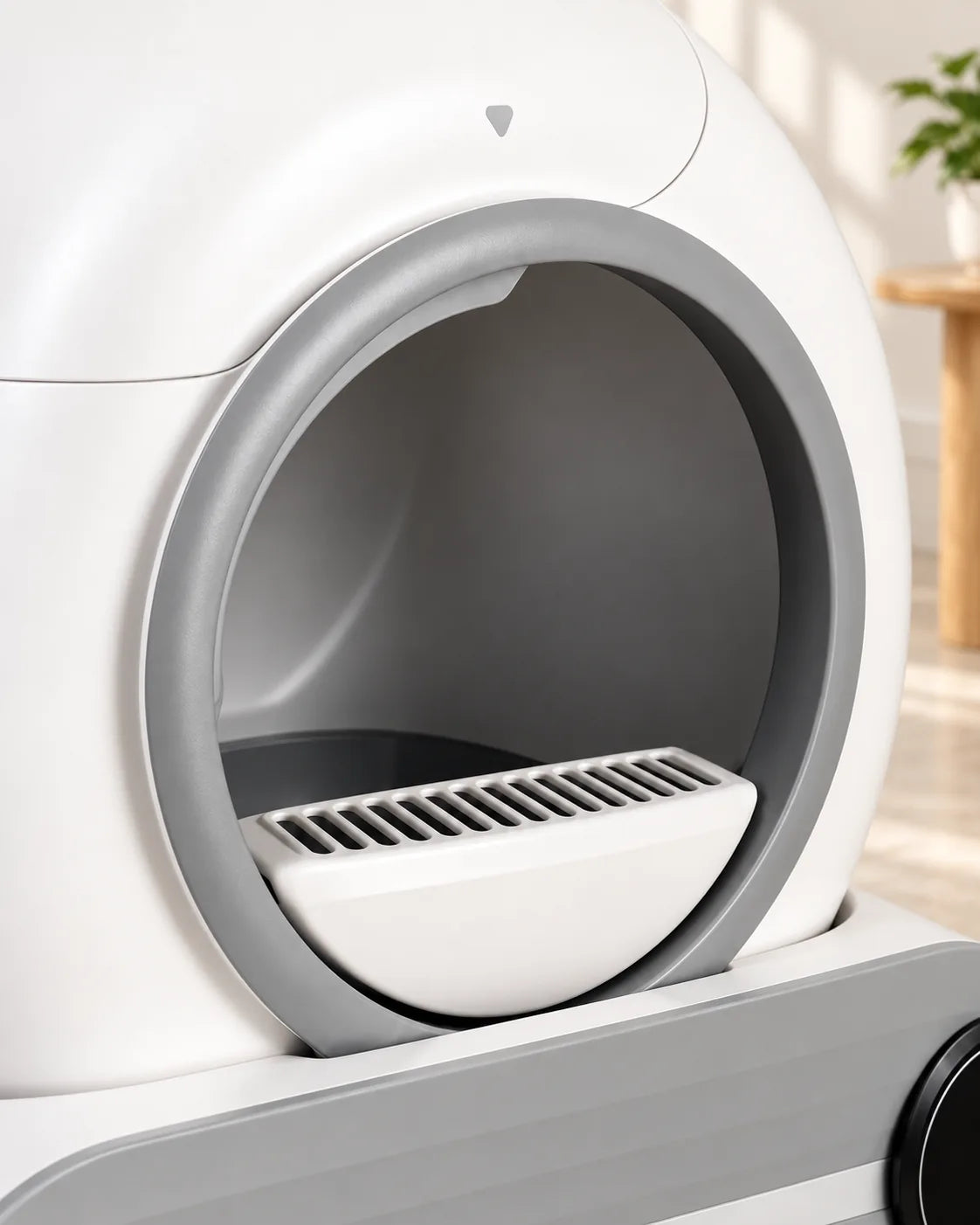 Litière automatique fermée 65 L à écran, gros plan de l'entrée ronde, image générée