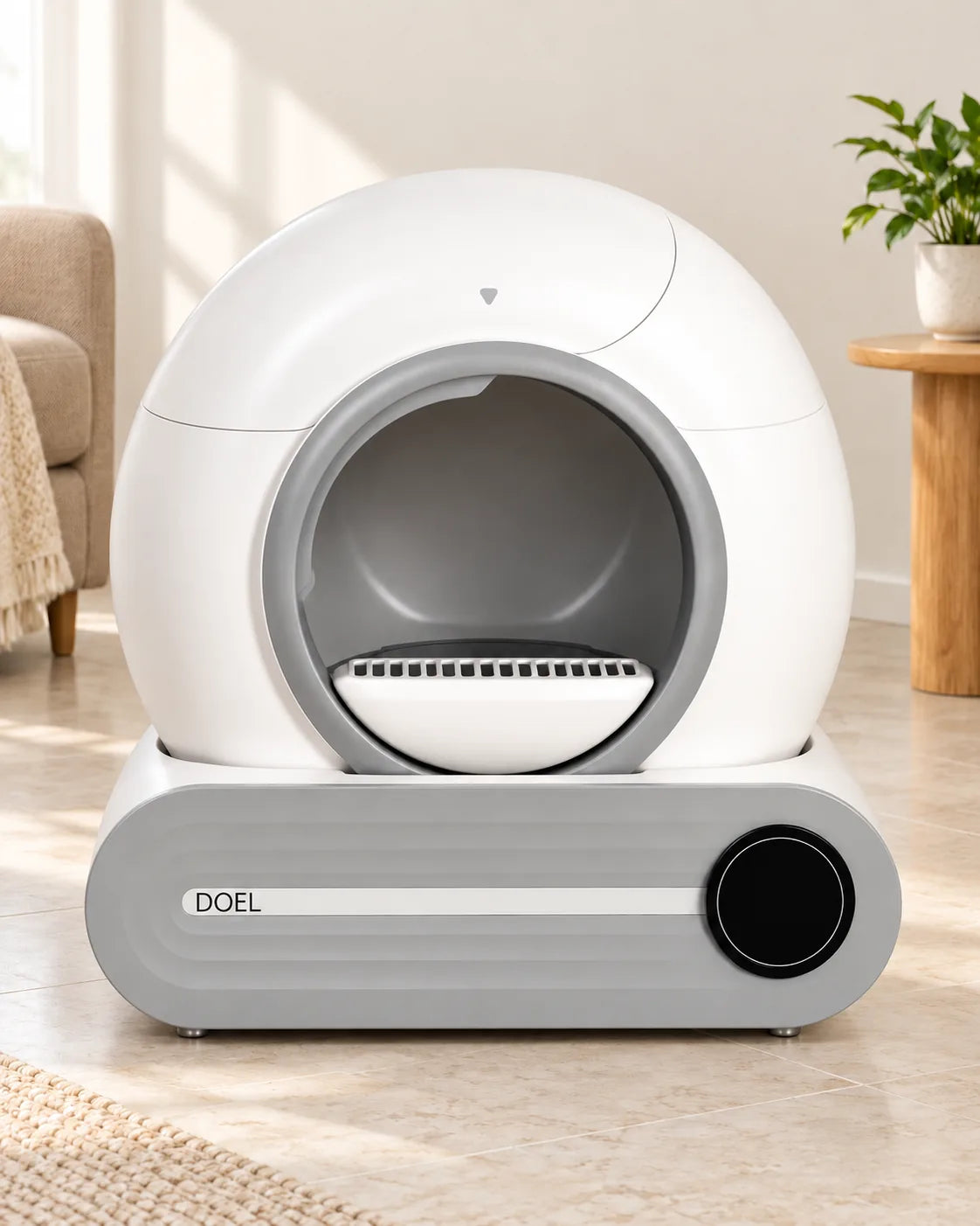 Litière automatique fermée blanche et grise avec écran rond, face, image générée